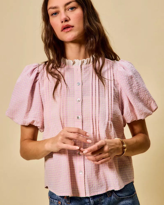 SO ME Gingham Lace Trim Button Bubble Sleeves Blouse - Sleekdenim.com