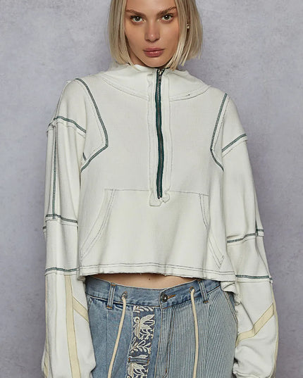 POL Contrast Stitching Zip Front Sweatshirt - Sleekdenim.com