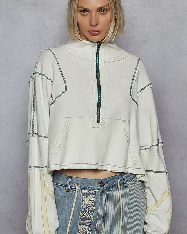 POL Contrast Stitching Zip Front Sweatshirt - Sleekdenim.com