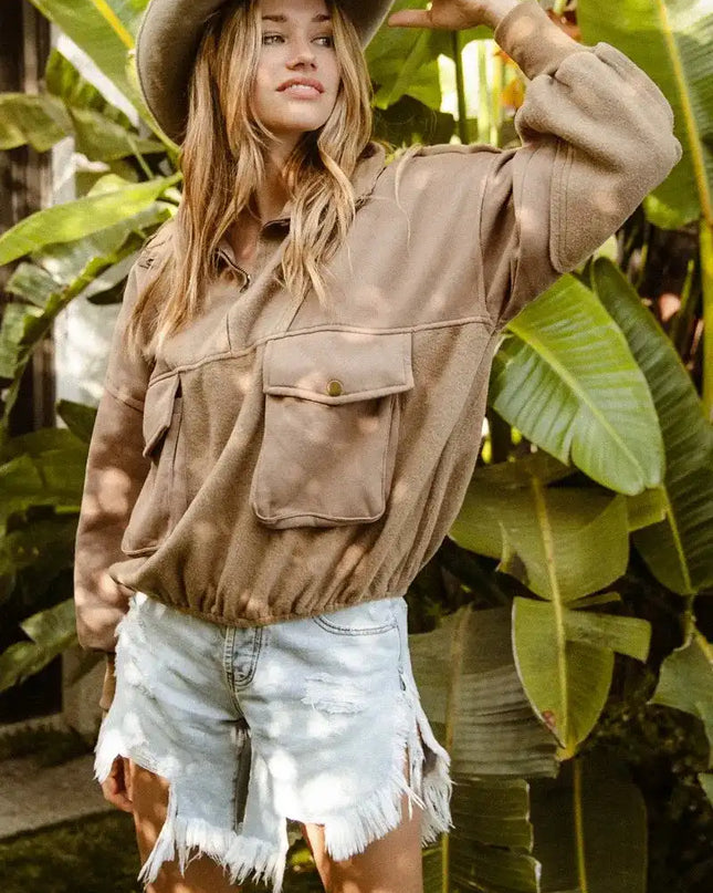 BiBi Half Zip Vintage Washed Fleece Pullover - Sleekdenim.com