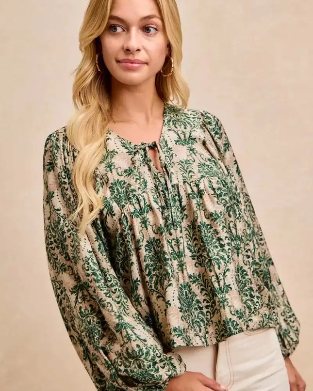 BiBi Printed Woven Front Tied Blouse with Baloon Sleeve - Sleekdenim.com