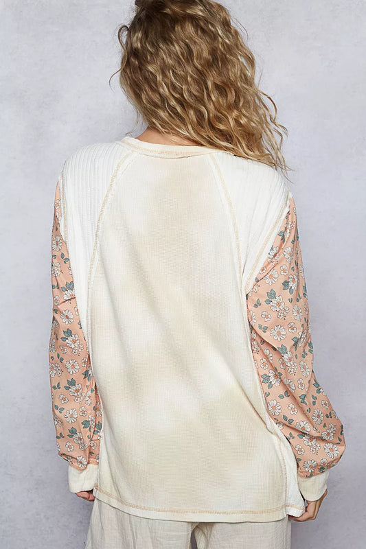 POL Exposed Seam Star Patch Thermal Top with Floral Sleeves - Sleekdenim.com