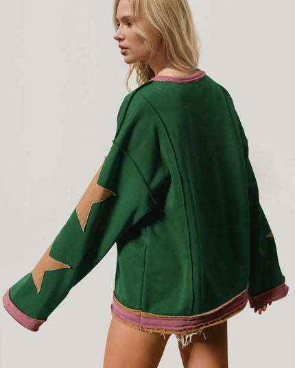Double Take Star Patched Long Sleeve Sweatshirt - Sleekdenim.com