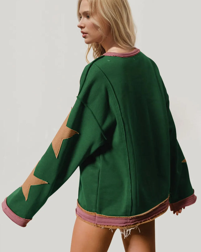 Double Take Star Patched Long Sleeve Sweatshirt - Sleekdenim.com