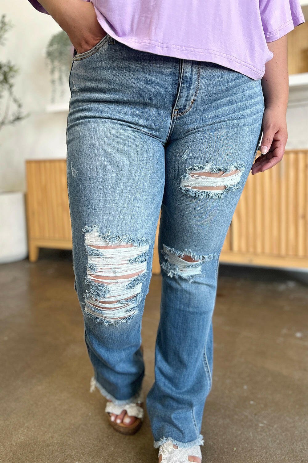 Judy Blue Full Size Distressed Raw Hem Bootcut Jeans | Sleekdenim.com