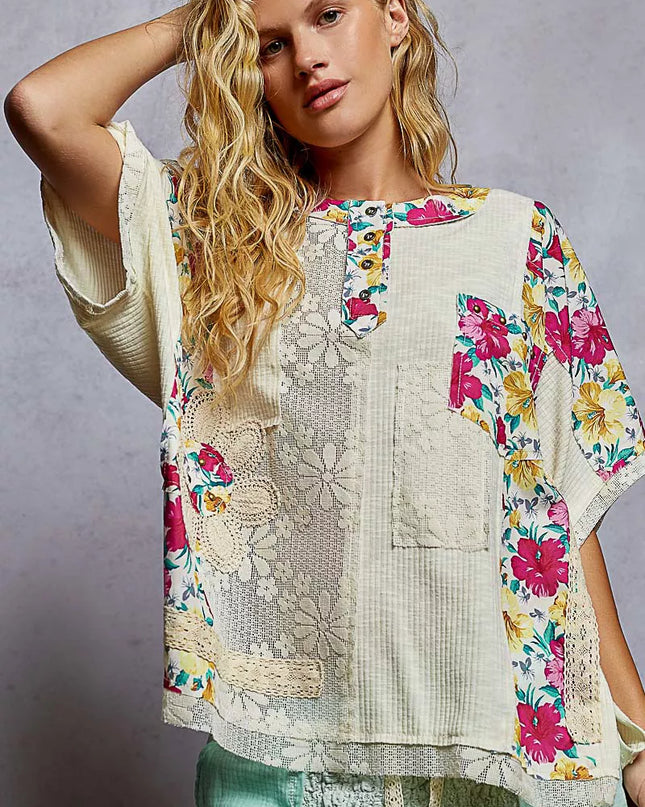 POL Lace Round Neck Short Sleeve Floral Pattern Top with Patch Detail - Sleekdenim.com