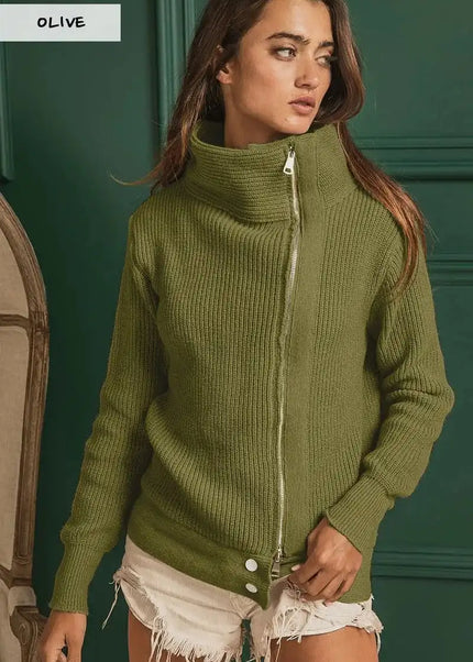 BiBi Front Zip Up High Neckline Sweater Jacket - Sleekdenim.com