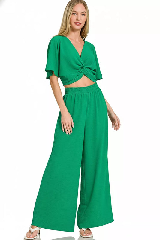 Zenana Woven Airflow Twisted Top & Wide Leg Pants Set - 3