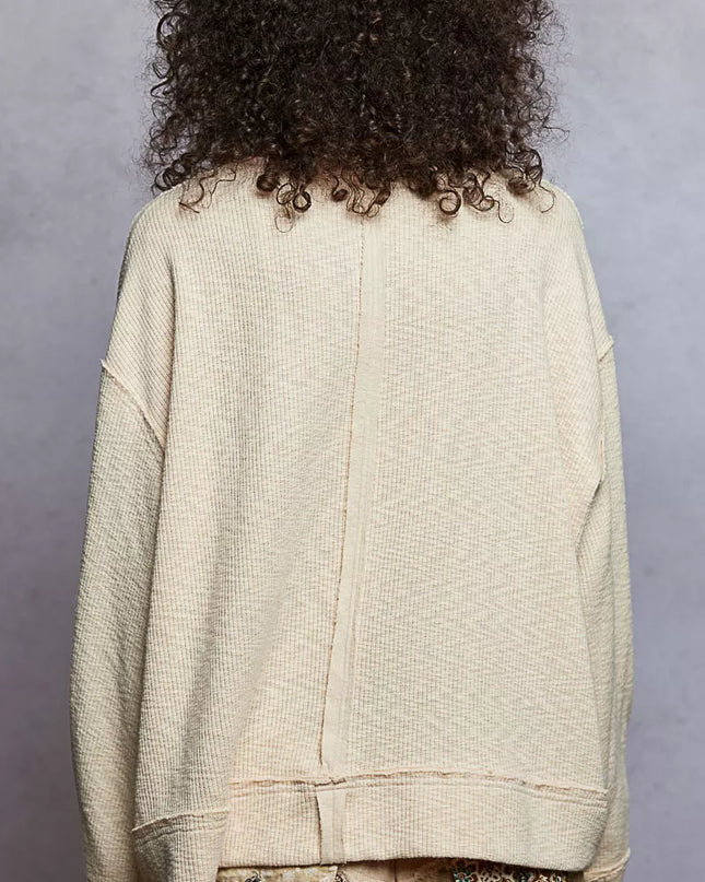 POL Balloon Sleeve Oversized Ribbed Top with Floral Pattern Contrast - Sleekdenim.com