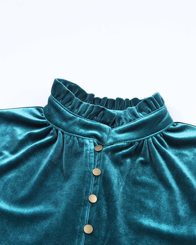 Red Frilled Buttoned V Neck Velvet Blouse