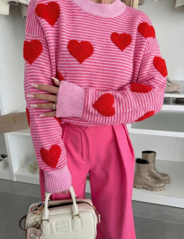 Rose Stripe Contrast Heart Pattern Valentine Knit Sweater - Sleekdenim.com