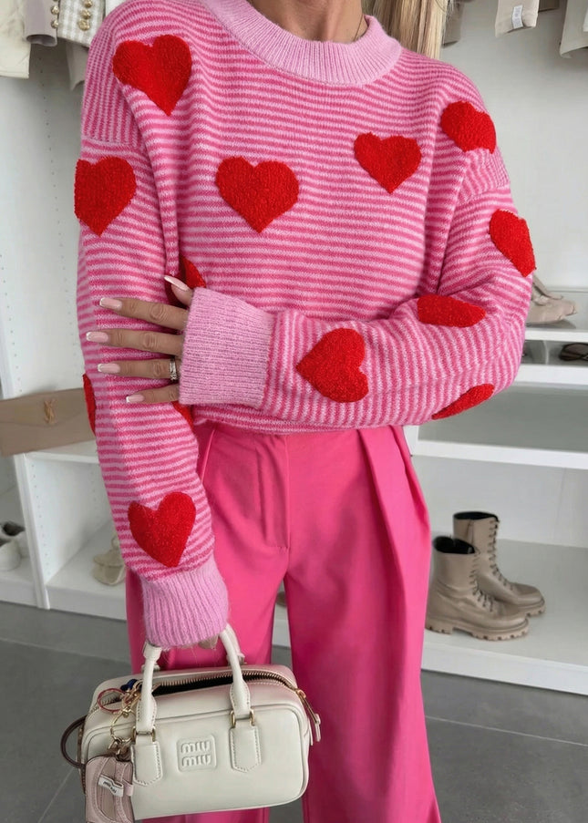 Rose Stripe Contrast Heart Pattern Valentine Knit Sweater - Sleekdenim.com