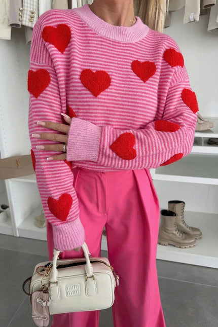Rose Stripe Contrast Heart Pattern Valentine Knit Sweater - Sleekdenim.com