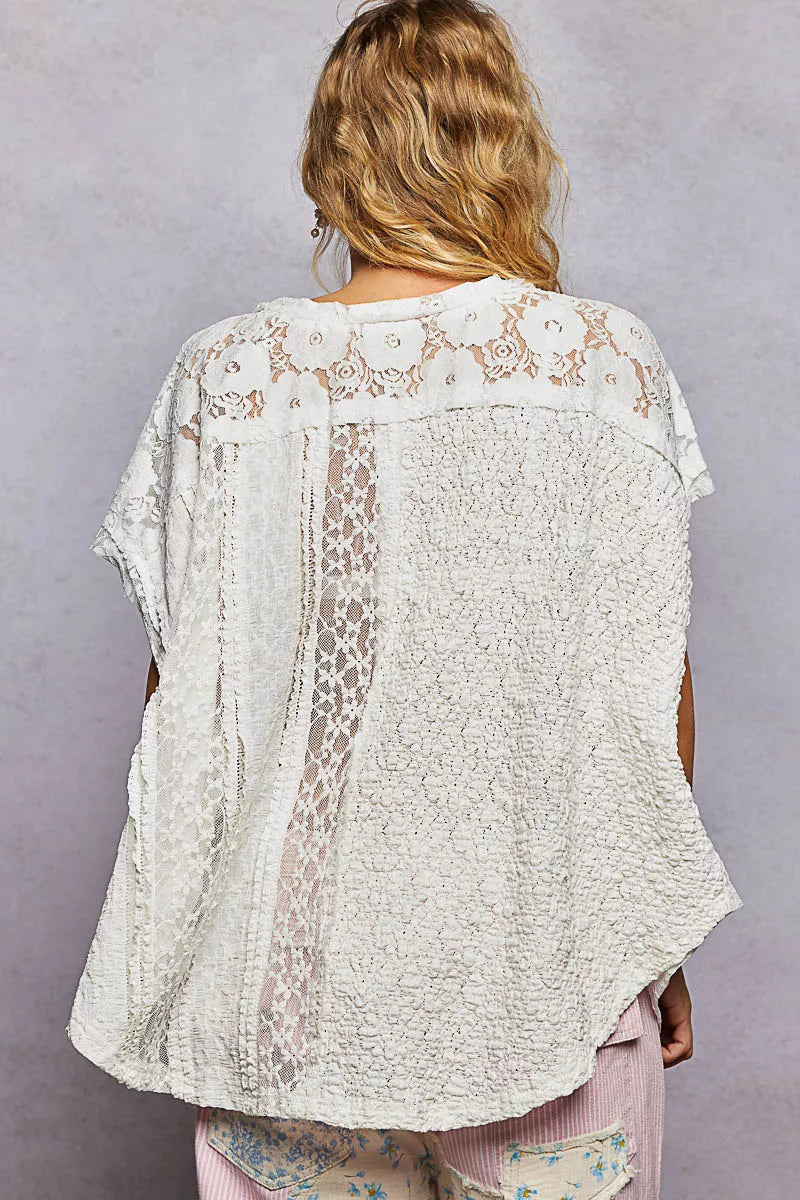 POL Asymmetrical V-Neck Short Sleeve Lace Top - 5