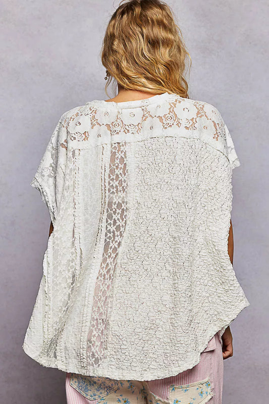 POL Asymmetrical V-Neck Short Sleeve Lace Top - 5
