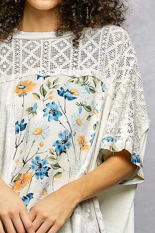 POL Floral Patchwork Lace Accent Blouse - Sleekdenim.com