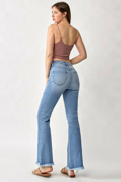 RISEN High Rise Frayed Hem Bootcut Jeans.