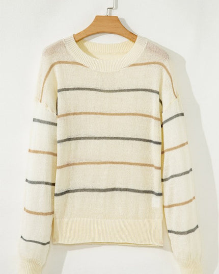 Stripe Ribbed Trim Drop Shoulder Sweater - Sleekdenim.com