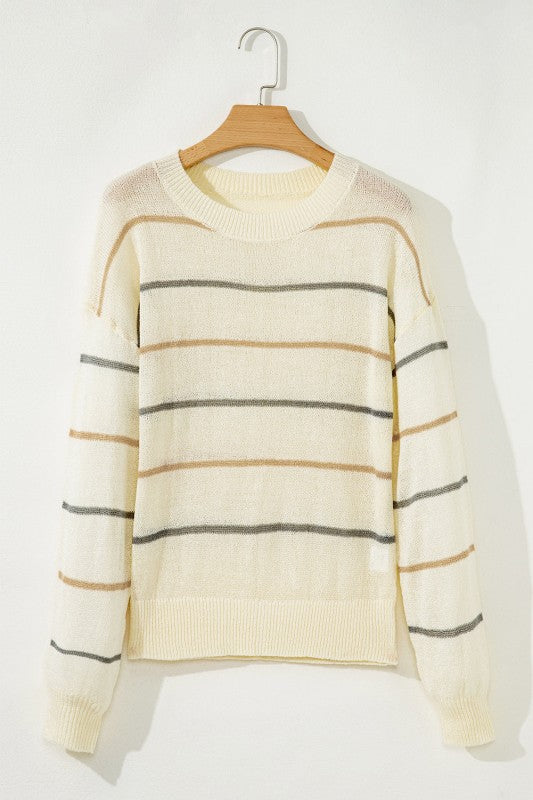 Stripe Ribbed Trim Drop Shoulder Sweater - Sleekdenim.com