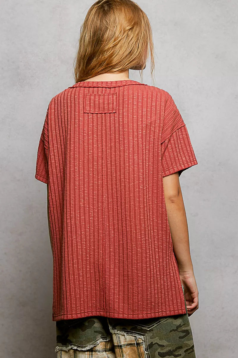 POL Ribbed Knit V-Neck Short Sleeve T-Shirt with Side Slit - Sleekdenim.com