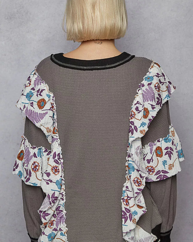 POL Round Neck Sweater with Floral Ruffle Detail - Sleekdenim.com