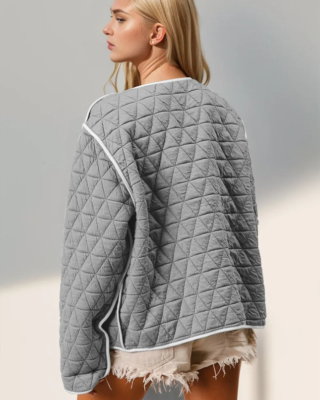 Double Take Contrast Trim Tie Front Quilted Jacket with Pockets - Sleekdenim.com