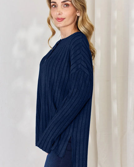 Basic Bae Full Size Ribbed Half Button Long Sleeve High-Low T-Shirt - Sleekdenim.com