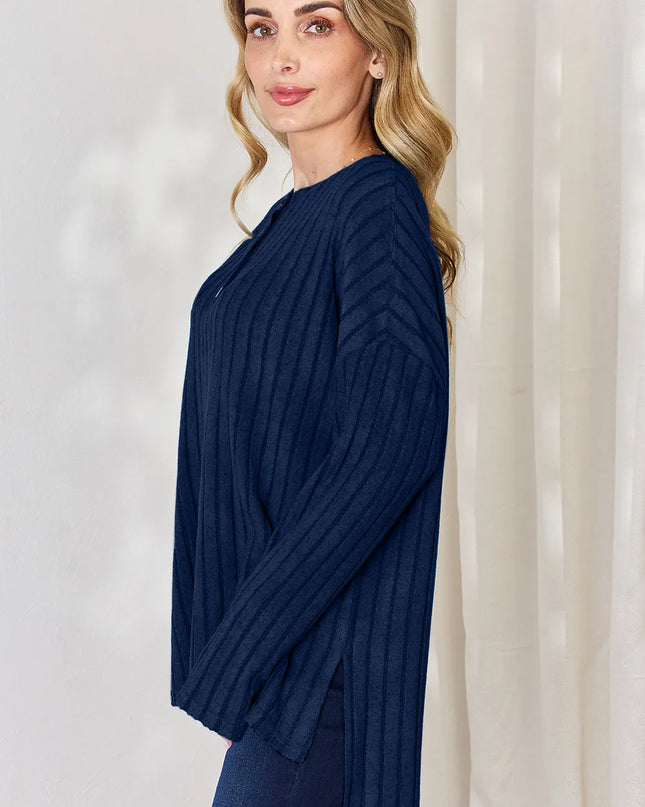 Basic Bae Full Size Ribbed Half Button Long Sleeve High-Low T-Shirt - Sleekdenim.com