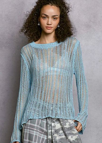POL Openwork Round Neck Knit Cover Up - Sleekdenim.com