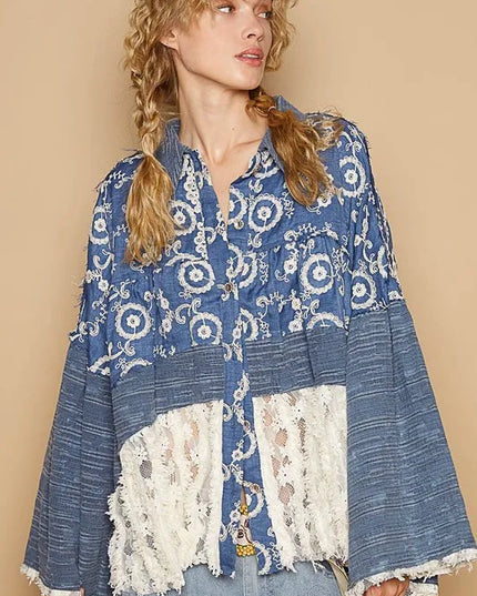 POL Lace Hem Embroidered Long Sleeve Shirt - Sleekdenim.com