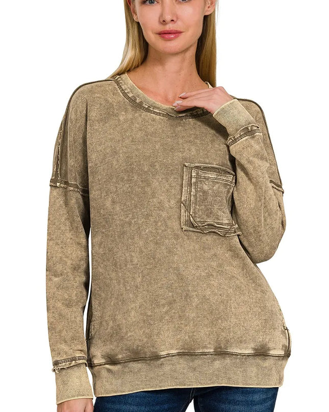 Zenana French Terry Washed Raw Edge Front Pocket Pullover - Sleekdenim.com