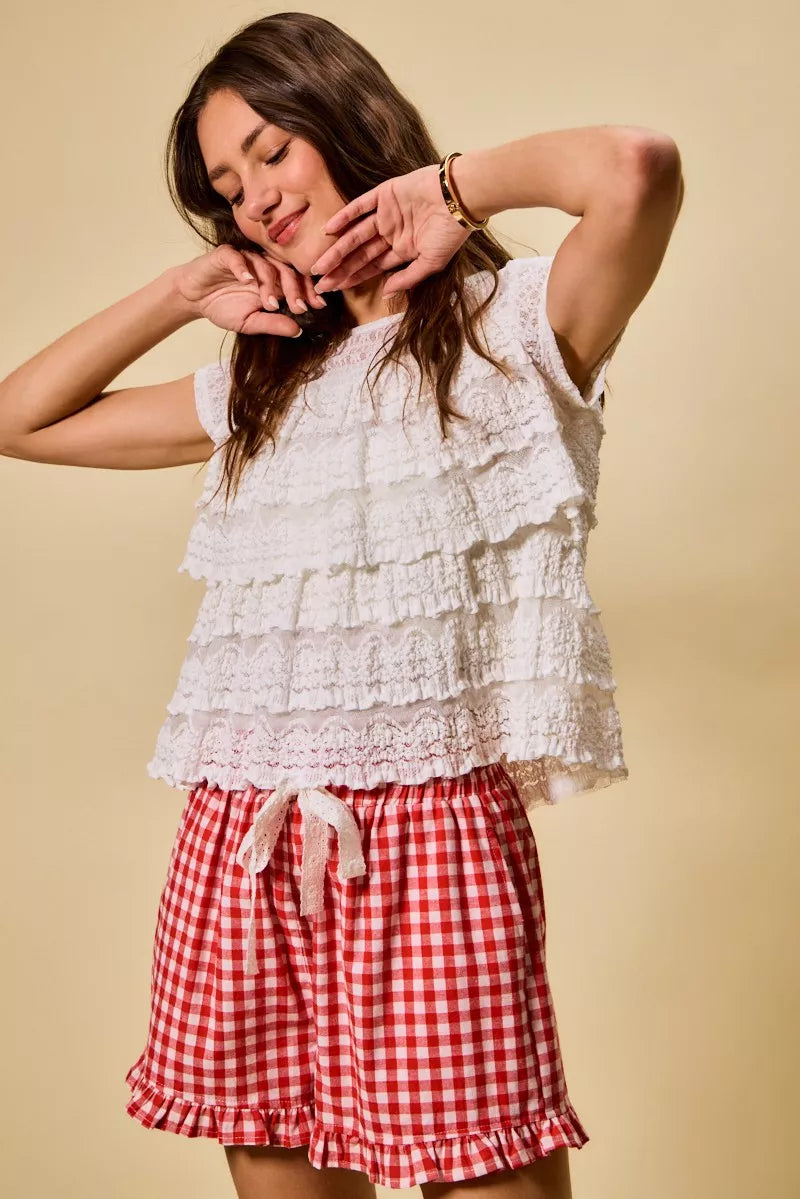 SO ME Ruffle Tiered Stretch Lace Short Sleeves Knit Top - Sleekdenim.com