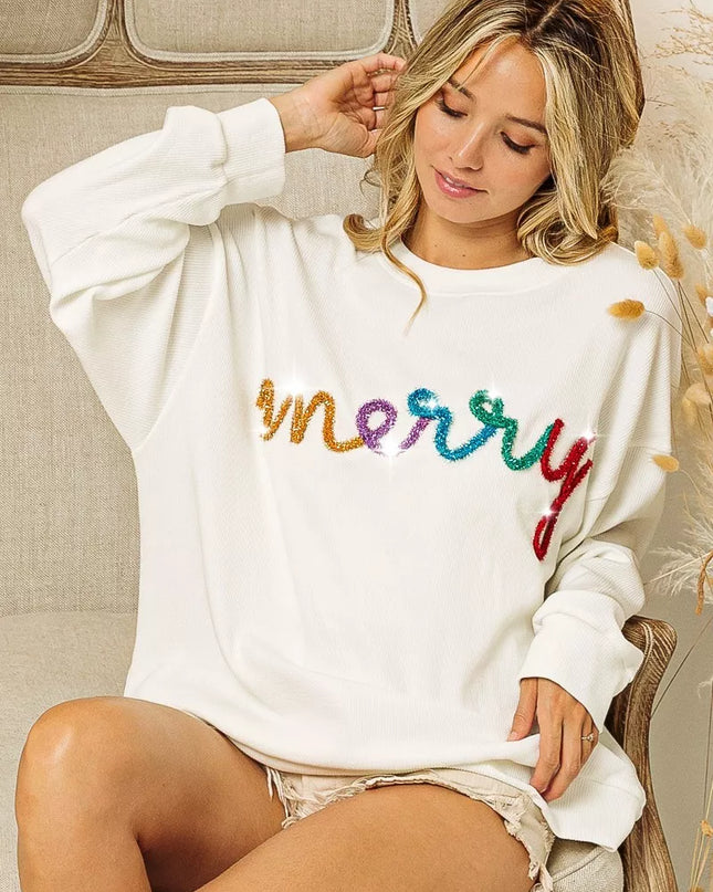 BiBi Merry Tinsel Lettering Drop Shoulder Sweatshirt - Sleekdenim.com