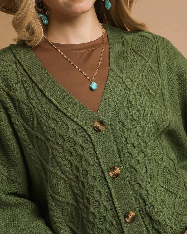 Umgee Chunky Cable Knit V-Neck Button-Up Cardigan - Sleekdenim.com