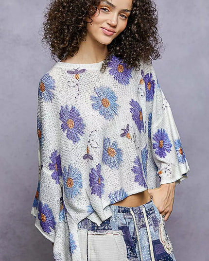 POL Floral Round Neck Rolling Edge Sweater - Sleekdenim.com