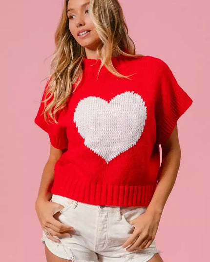 BiBi Rib Banded Heart Pattern Valentines Sweater - Sleekdenim.com