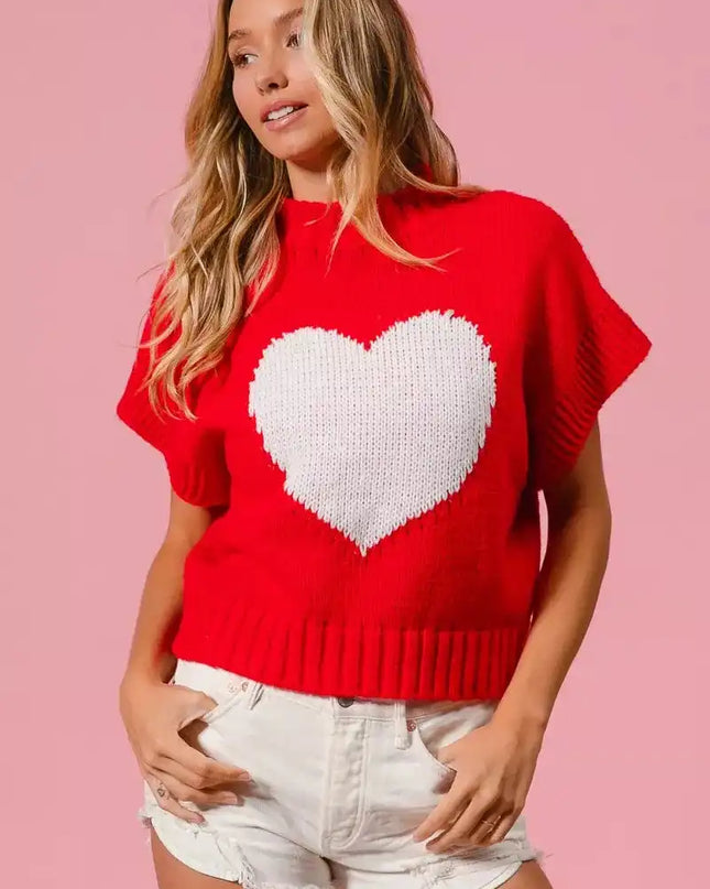 BiBi Rib Banded Heart Pattern Valentines Sweater - Sleekdenim.com