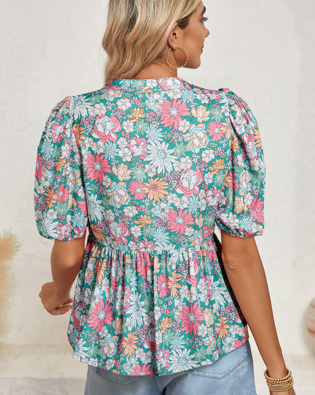 Multicolour Floral Print Short Puff Sleeve V Neck Boho Peplum Blouse - Sleekdenim.com