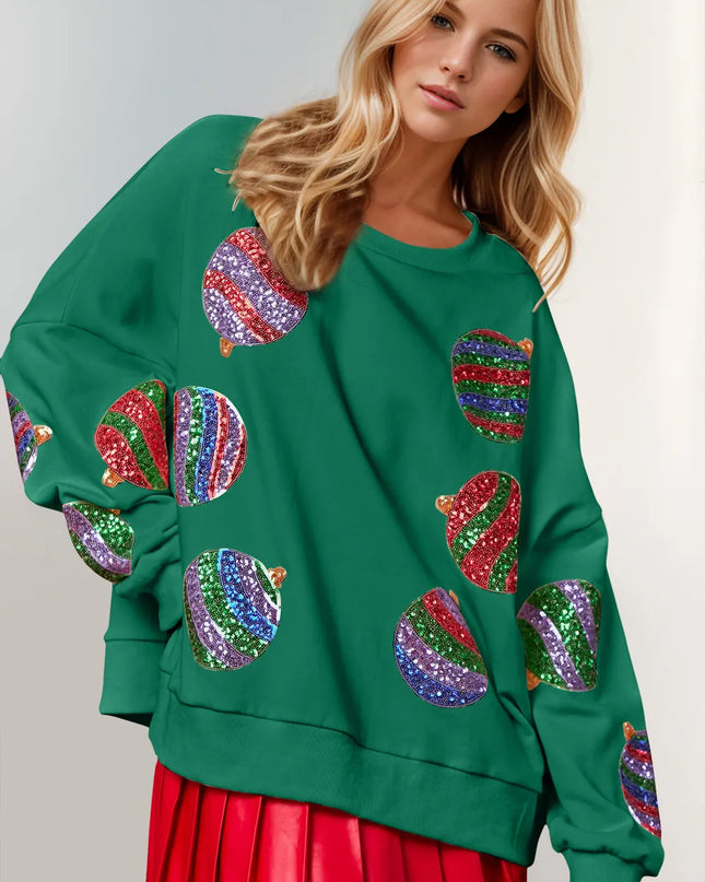 Double Take Christmas Element Sequin Round Neck Long Sleeve Sweatshirt - Sleekdenim.com