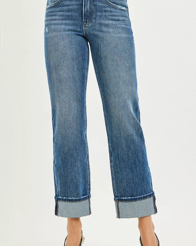 RISEN Full Size 4 Way Stretch Slouchy Straight Jeans with Cuffed Hem Plus Size - Sleekdenim.com