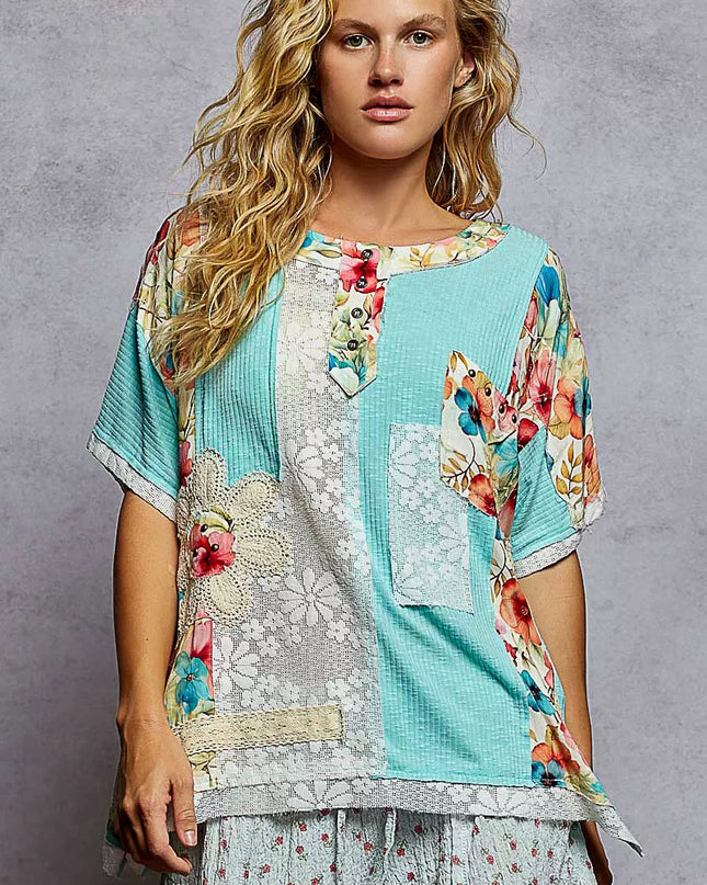 POL Lace Round Neck Short Sleeve Floral Pattern Top with Patch Detail - Sleekdenim.com