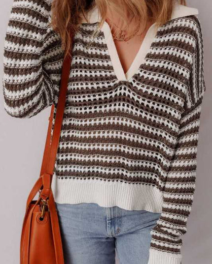 Stripe Eyelet Contrast Collared V-Neck Sweater - Sleekdenim.com
