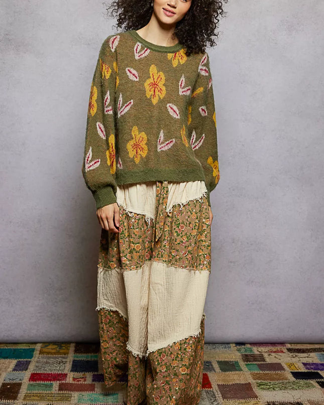 POL Floral Pattern Round Neck Balloon Sleeve Sweater - Sleekdenim.com