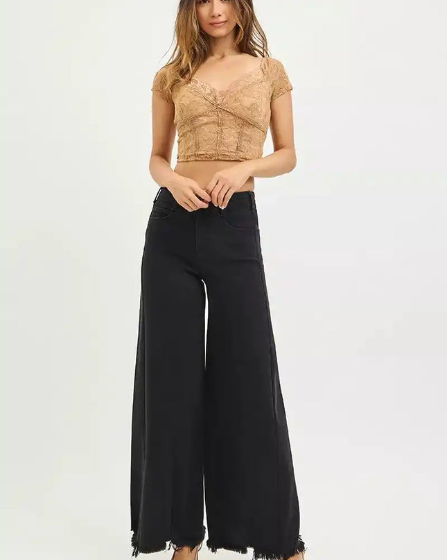 RISEN Tummy Control High Rise Palazzo Leg Frayed Hem Jeans - Sleekdenim.com