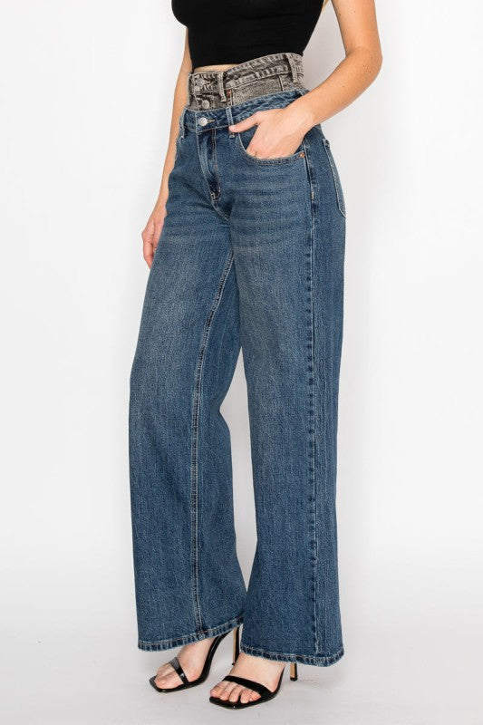 Double Snap On Waistband Layered High Rise Wide - Sleekdenim.com