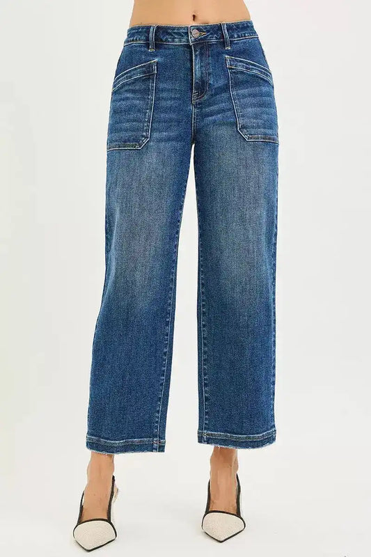 RISEN Slouchy Cropped Baggy Jeans with Front Patch Pockets PWC21491