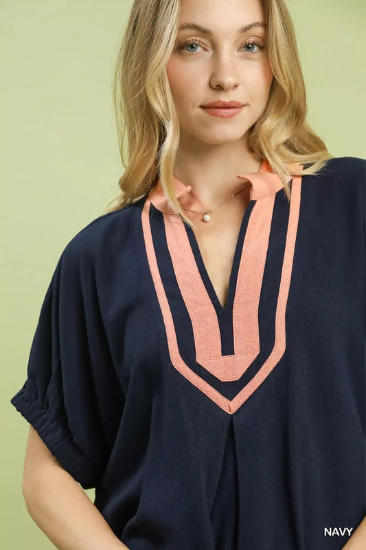 Umgee Linen Contrast Trim V-Neck Blouse - Sleekdenim.com