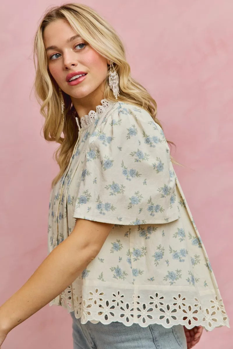 SO ME Floral Print Lace Trim Flutter Sleeves Blouse - Sleekdenim.com