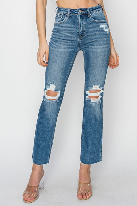 risen high rise distressed ankle jeans