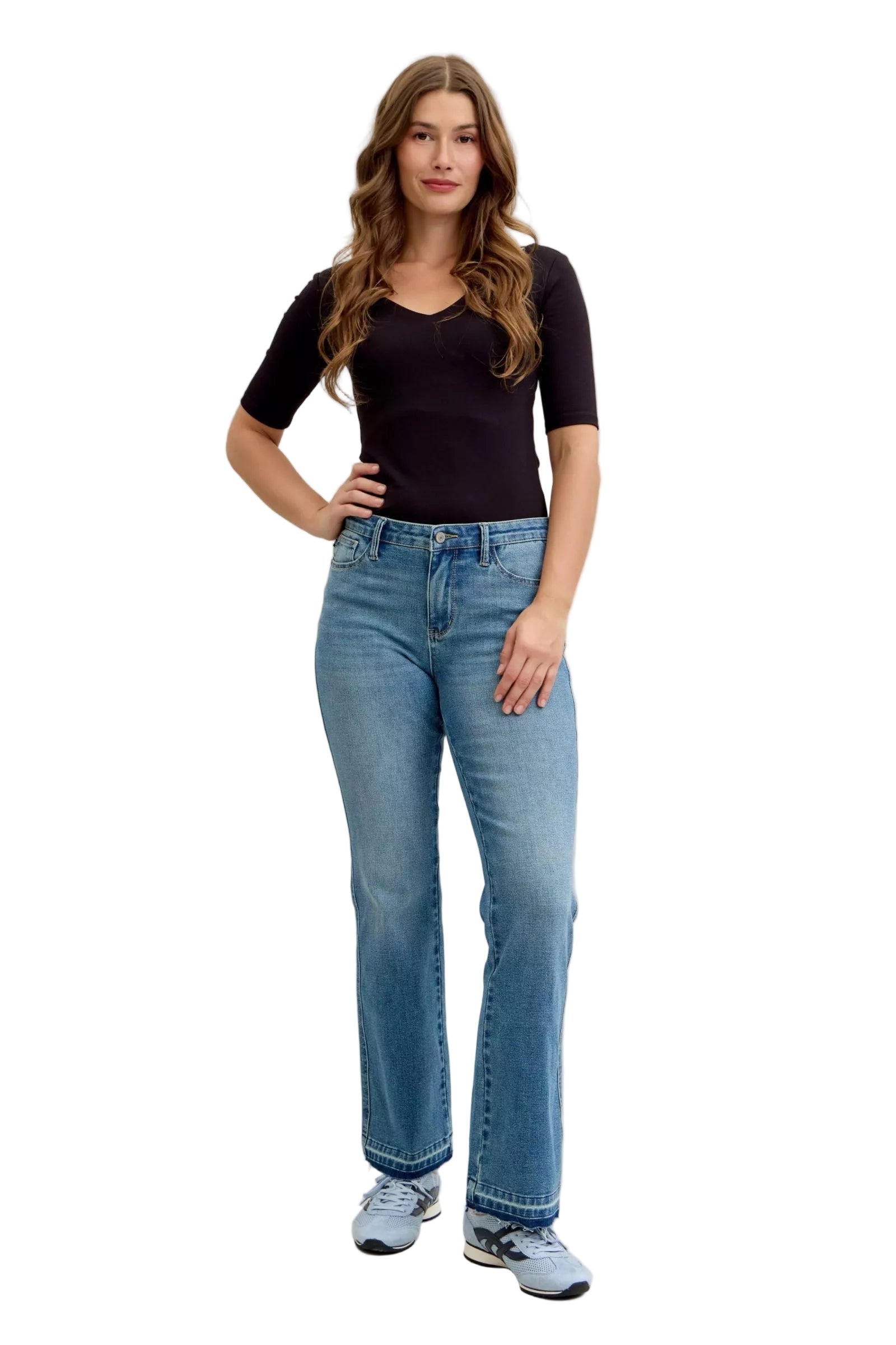 Judy Blue Full Size Mid Rise Slim Bootcut Tummy Control Release Hem Jeans Plus Size - Sleekdenim.com